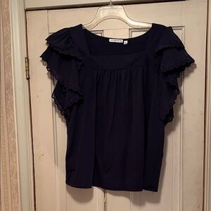 Notations Navy Ruffle Sleeve Blouse